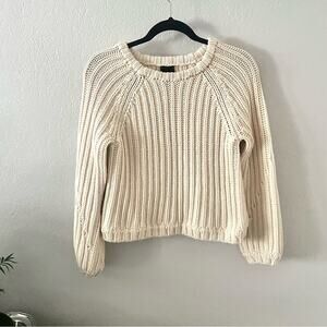 Pure Navy Cream Ribbed Merino Wool Crewneck Sweater